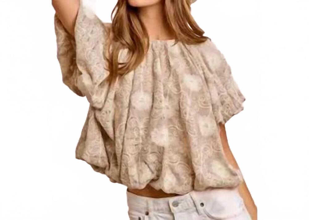 NEW BIBI flower embroidered shirred neckline bubble hem top in taupe